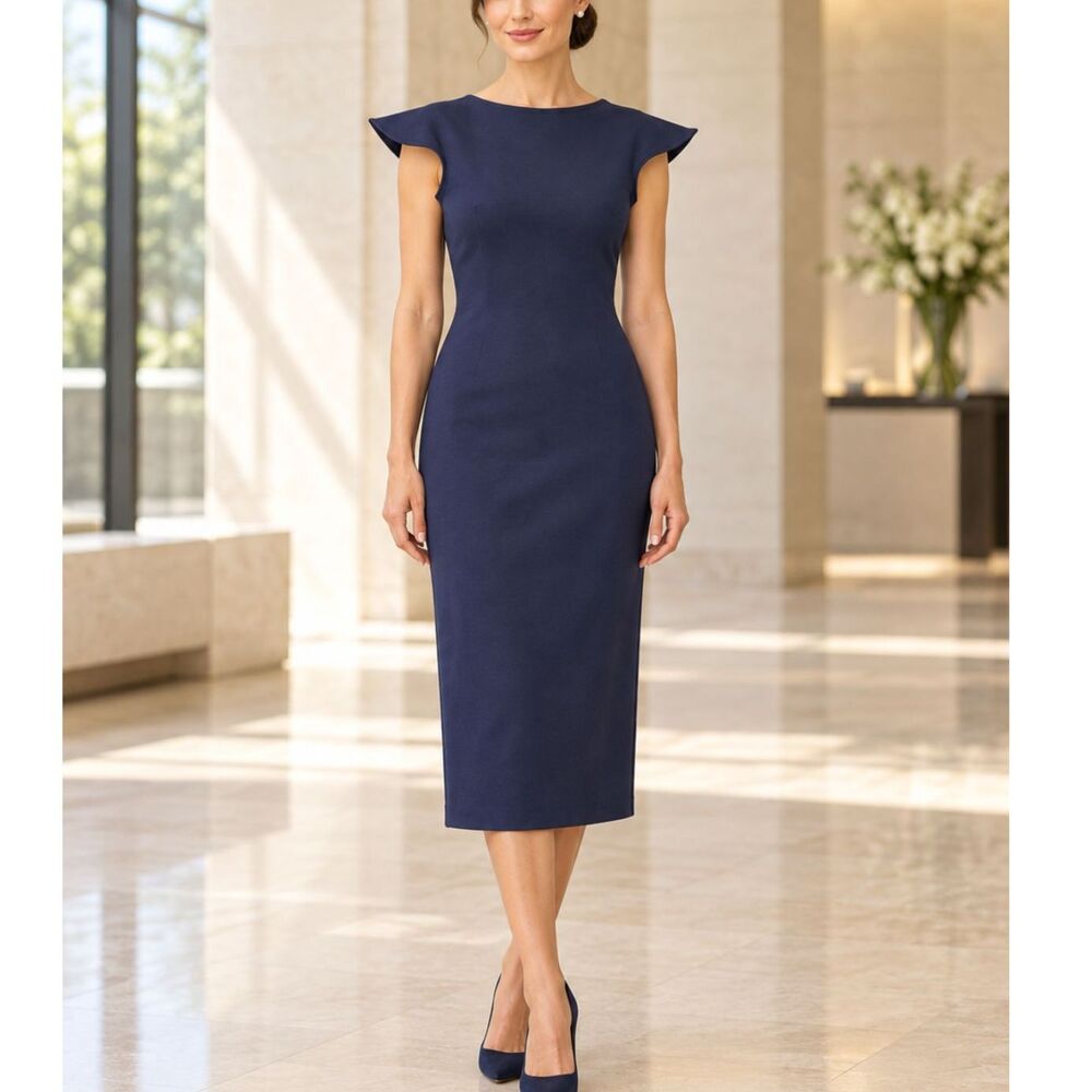 J.Crew Navy Cap Sleeve Stretch Midi Sheath Dress Small Quiet Luxury Office Work